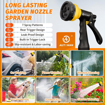 AUTOMAN Garden Hose Nozzle - 2 Pack, 100% Metal High Pressure Spray Nozzle, Labor-Saving Design, Heavy Duty for Garden Watering, Car Washing, Window Cleaning, Pets Bathing