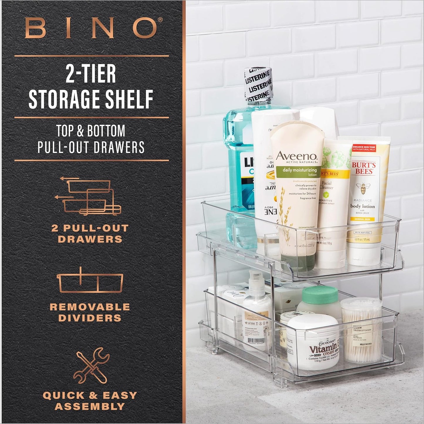 BINO 2 Tier Clear Storage Organizer with Dividers | Slide Out Drawer for Under Sink or Medicine Cabinet | Bathroom Closet, Vanity, Pantry Organizer | Under Cabinet Storage for Bathroom and Kitchen