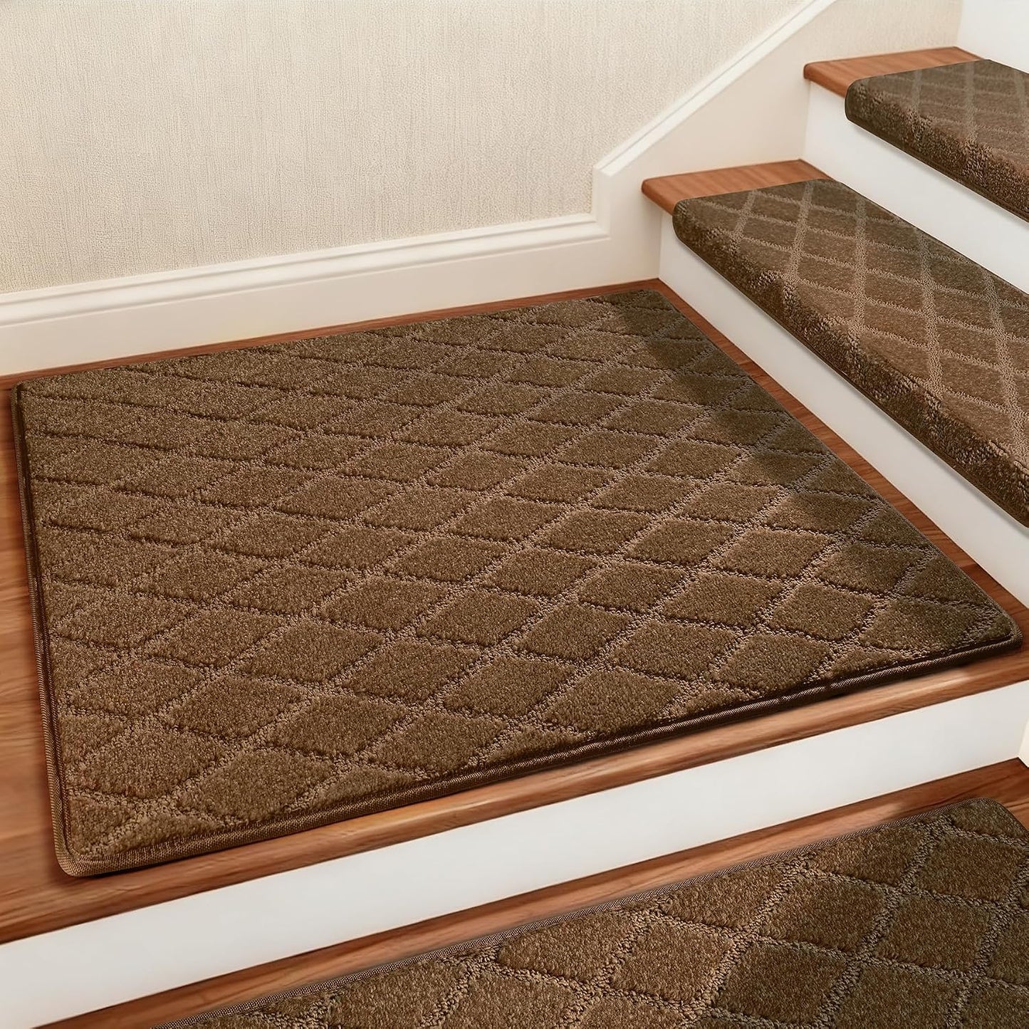 DEXDE Bullnose Stair Treads for Wooden Steps Non-Slip Stair Runner, 14 Pcs | Reusable bullnose carpet Stair Treads Indoor, Peel and Stick Stair Rugs with Edge Protection, Soft Washable, 30"x9.5" Grey