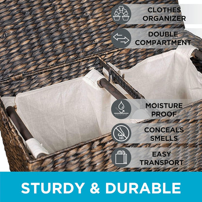 BirdRock Home Water Hyacinth Laundry Hamper Divided Interior (Espresso) | Eco-Friendly | Made of Hand Woven Hyacinth Fibers | Includes Two Removable Cotton Liners Bag | Wicker Laundry Basket with Lid