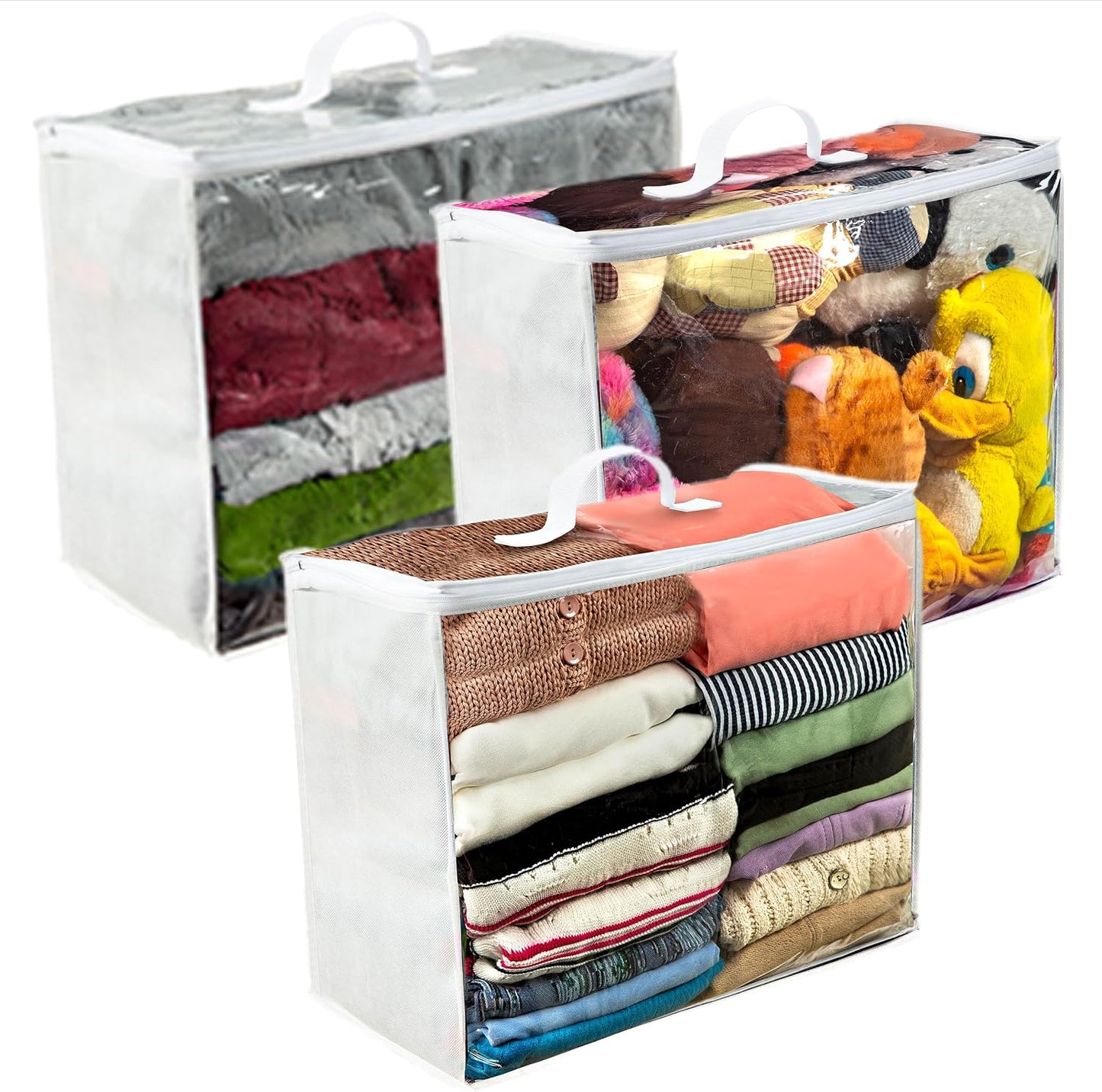 VitalUp 3 Pack Clear Plastic Storage Bags, Durable Zippered Storage Bags for Comforters, Blankets, Clothes, and Bedding - Breathable Nonwoven with Clear Front for Easy Organizing 20x20x8