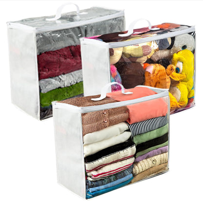 VitalUp 3 Pack Clear Plastic Storage Bags, Durable Zippered Storage Bags for Comforters, Blankets, Clothes, and Bedding - Breathable Nonwoven with Clear Front for Easy Organizing 20x20x8