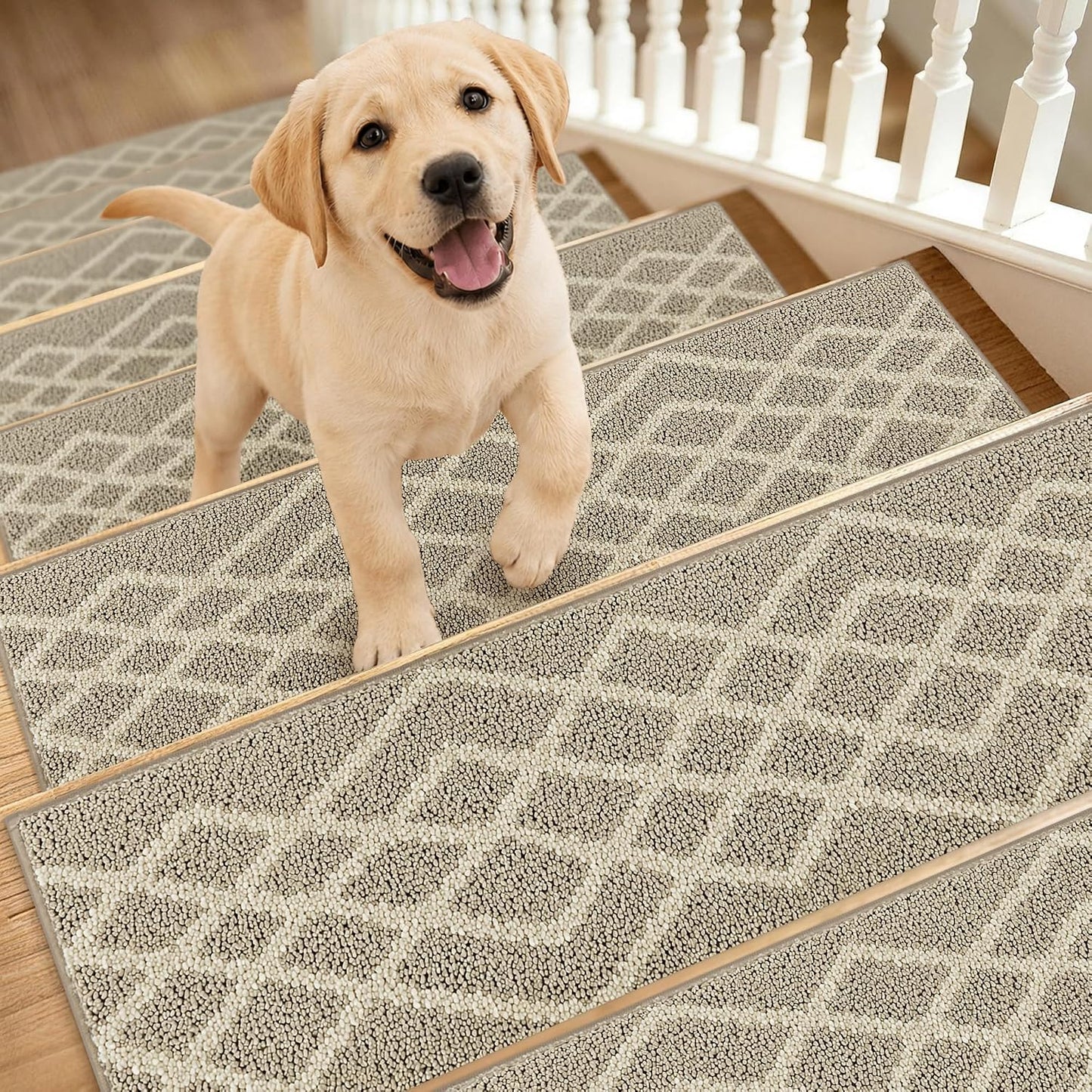 COSY HOMEER Soft Stair Treads Non-Slip Carpet Mat 28inX9in Indoor Stair Runners for Wooden Steps,Stair Rugs for Kids and Dogs, 100% Polyester TPE Backing 7pcs,Black,Rhombus
