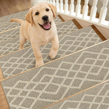 COSY HOMEER Soft Stair Treads Non-Slip Carpet Mat 28inX9in Indoor Stair Runners for Wooden Steps,Stair Rugs for Kids and Dogs, 100% Polyester TPE Backing 7pcs,Black,Rhombus