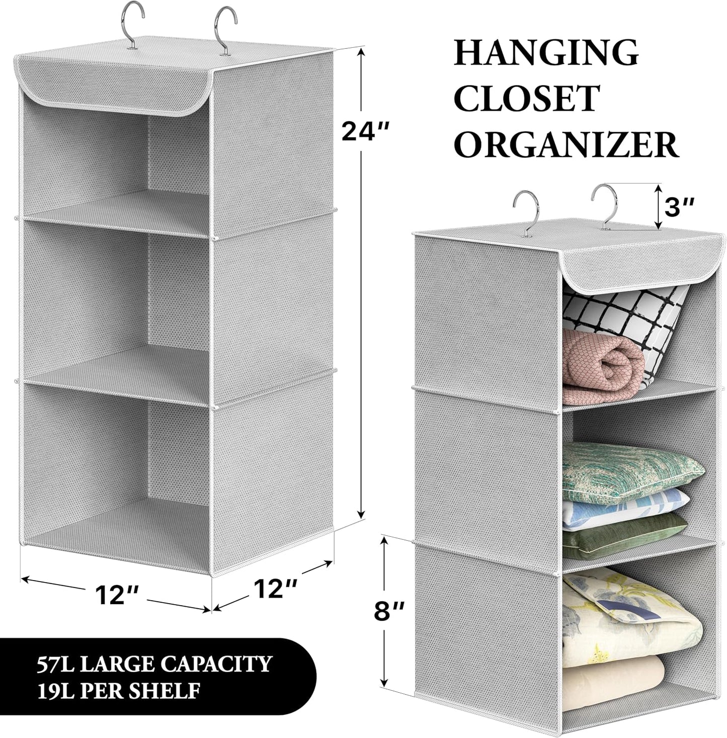 Simple Houseware 3-Shelf Hanging Closet Organizer, Fabric Storage Shelves with 57L Capacity, Black