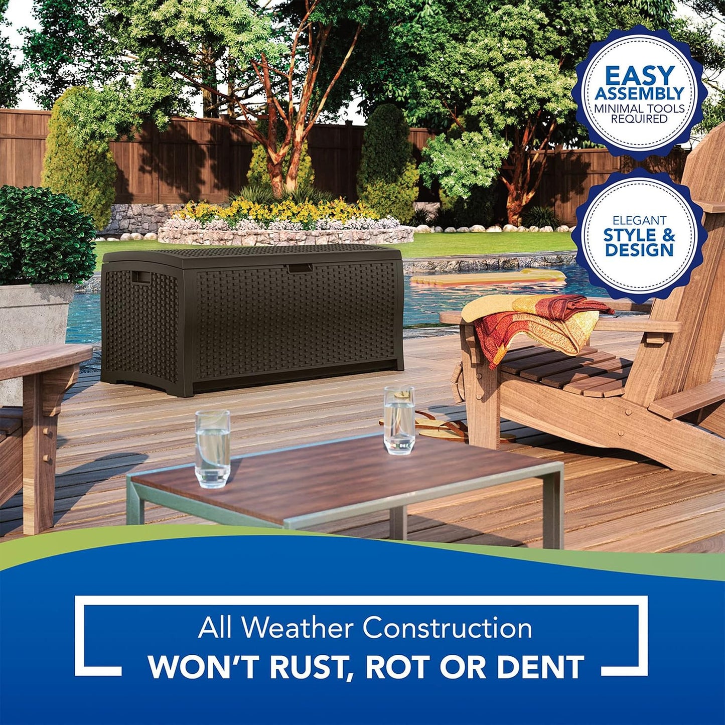 Suncast Outdoor Storage Box - 73 Gallon Mocha Brown Deck Box for Patio, weather-resistant Outdoor Storage Bench, Resin Wicker Style, Heavy-Duty, Lockable Lid for Cushions, Shoes, Pool & Garden Gear