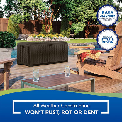 Suncast Outdoor Storage Box - 73 Gallon Mocha Brown Deck Box for Patio, weather-resistant Outdoor Storage Bench, Resin Wicker Style, Heavy-Duty, Lockable Lid for Cushions, Shoes, Pool & Garden Gear