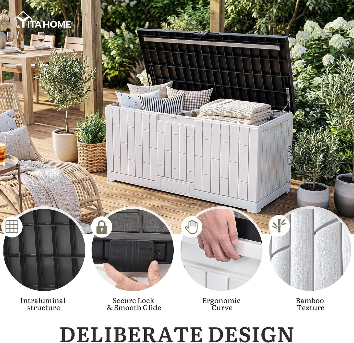 YITAHOME 31 Gallon Outdoor Storage Box | Resin Deck Box and Waterproof Package Delivery Box for Gardening Tools, Pool Supplies, Patio Furniture, Lockable, Taupe