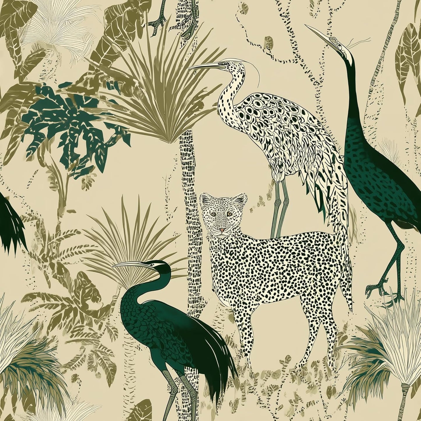 Peel and Stick Wallpaper, Leopard, Crane & Tropical Plant Pattern, Self - Adhesive Removable, PVC Contact Paper for Bedroom/Living Room/Kitchen/Bathroom/Cabinet, Renter Friendly ﻿