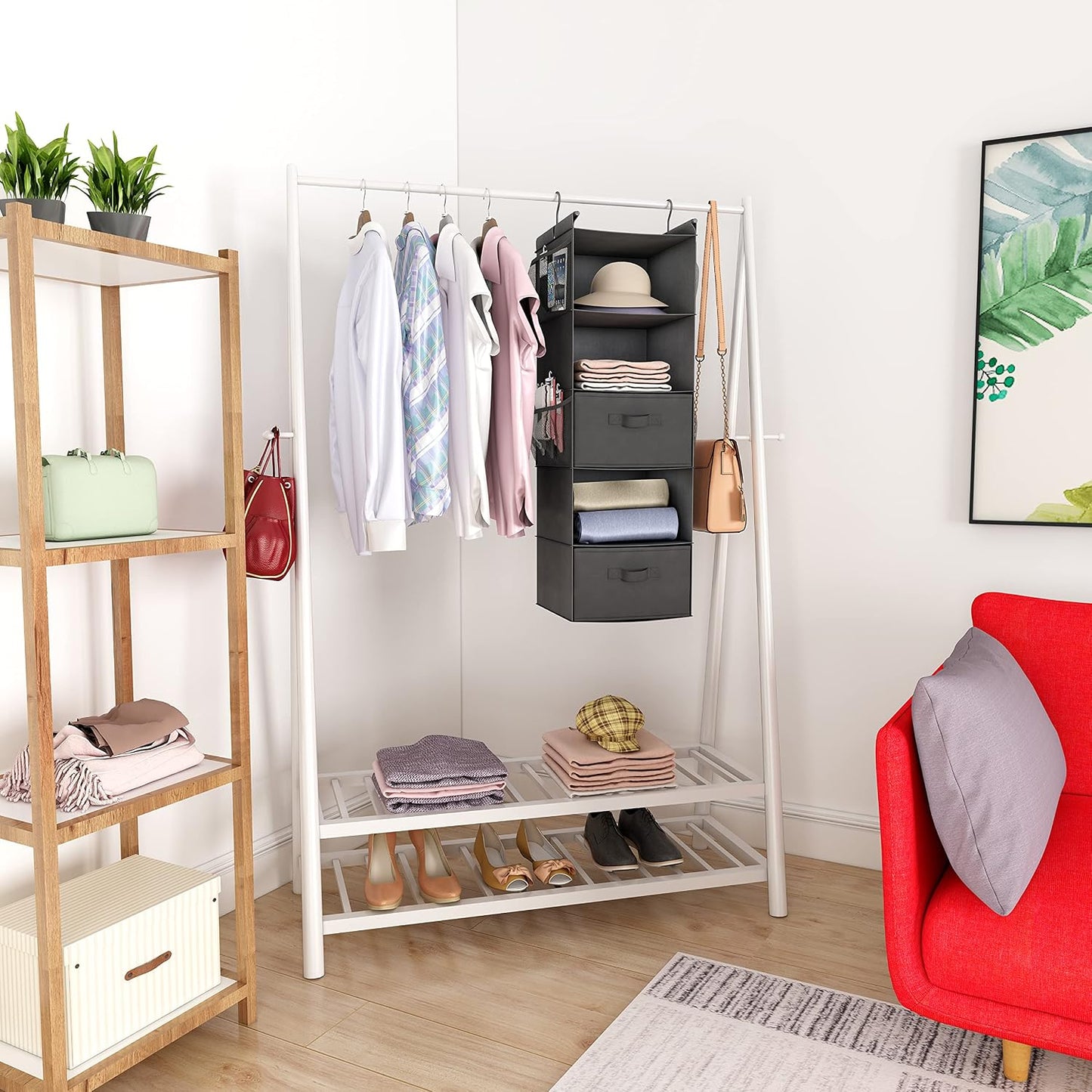 MAX Houser 4-Shelf Hanging Closet Organizer, Space Saver, Cloth Hanging Shelves with 2 Side Pockets, Foldable (Beige)