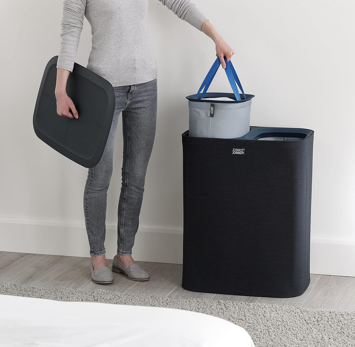 Joseph Joseph Tota Trio 90 liter/23.8 gallon Laundry Hamper Separation Basket with lid, 3 Removable Washing Bags with Handles- Ecru