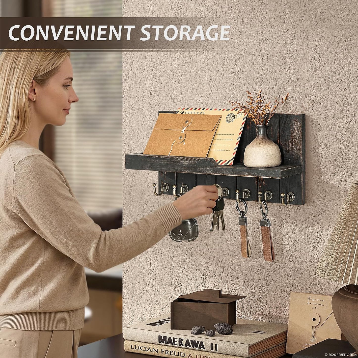 Rebee Vision Decorative Key Holder Wall Mount - Rustic Key Holder for Wall with Shelf and Mail Organizer for Living Room Decor - Home Essentials for Home Improvement (Brown, 3.54" x 10" x 7.28")