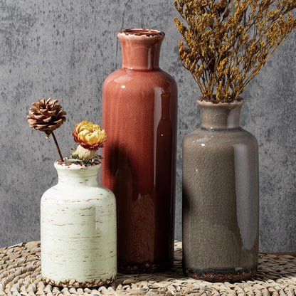 Ceramic Vase Set of 3 with Handles, Green White Neutral Rustic Modern Farmhouse Boho Decor, Versatile as Table Centerpiece or Mantel & Shelf Accent - Unique Home Gift Idea
