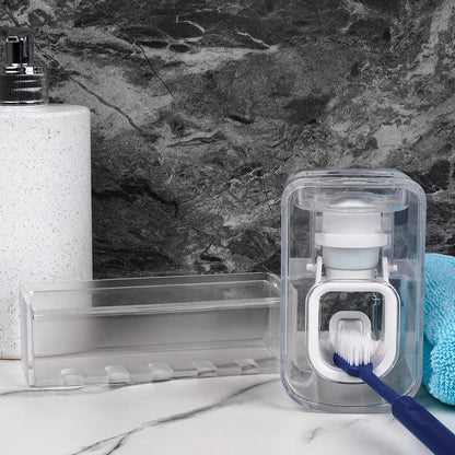 5 Slots Wall Mount Toothbrush Holder with Cover, Self Adhesive Toothbrush Storage Organizer for Shower, Toothbrush Hanger with Automatic Toothpaste Squeezer Dispenser
