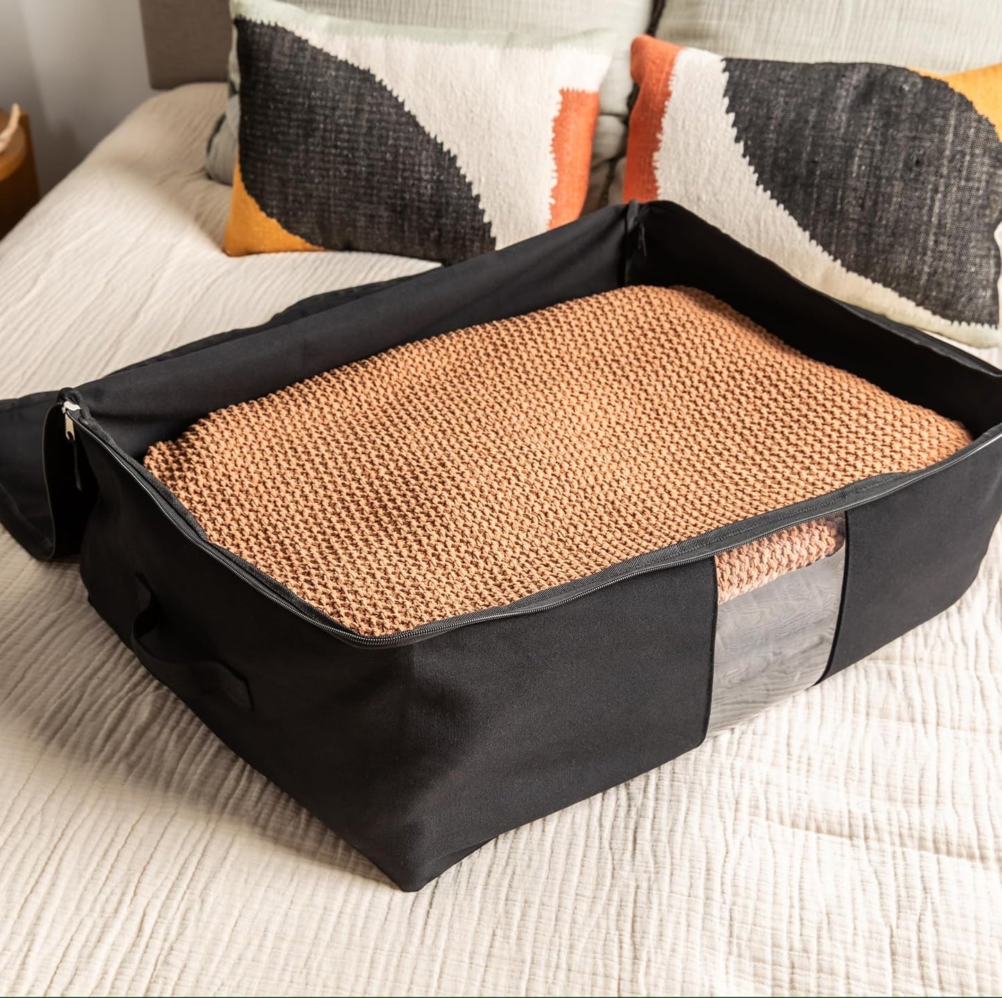 Soft Canvas Storage Bags with Zipper. Thick Breathable, 1pc King/Queen Comforter Organizer. Four Carrying Handles and Window. Large 25x19x9in Bag for Sheets Blankets Bedding Pillows, Clothes (Grey)