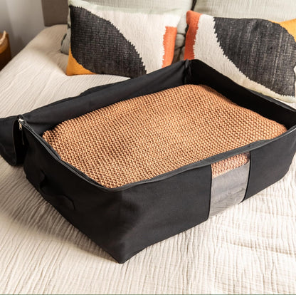 Soft Canvas Storage Bags with Zipper. Thick Breathable, 1pc King/Queen Comforter Organizer. Four Carrying Handles and Window. Large 25x19x9in Bag for Sheets Blankets Bedding Pillows, Clothes (Grey)