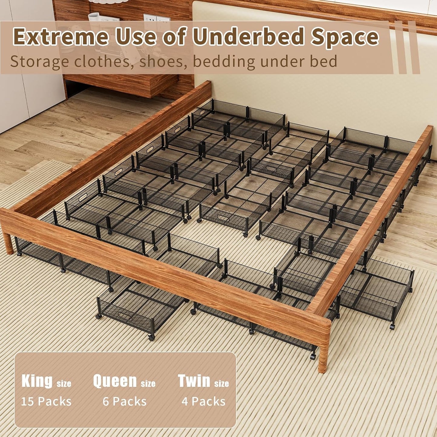 47.2'' Long Under Bed Storage on Wheels, 57.6L Large Capacity Rolling Under the Bed Storage Containers, Tool-Free Assembly Foldable Underbed Shoes Clothes Toy Drawers
