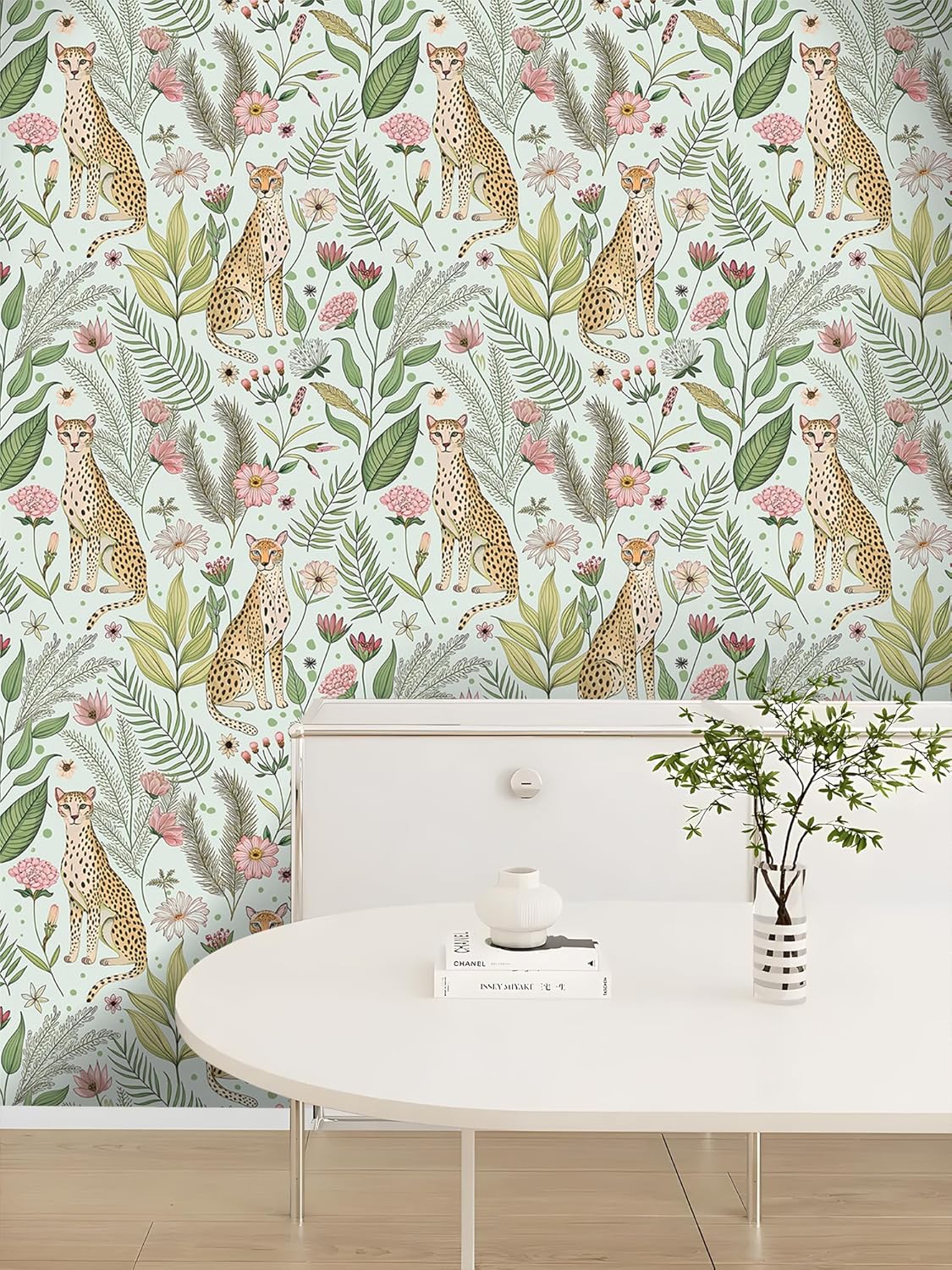 Floralplus Peel and Stick Wallpaper Leopard Jungle Removable Wallpaper for Bathroom Renter Friendly Wallpapers Self Adhesive Animal Floral Contact Paper for Accent Wall 17.5 x 118 in