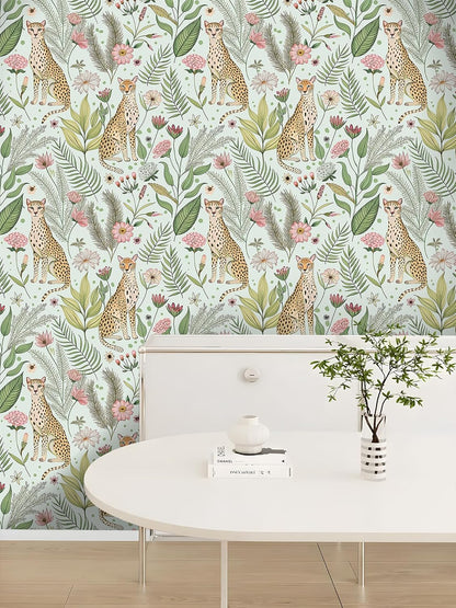 Floralplus Peel and Stick Wallpaper Leopard Jungle Removable Wallpaper for Bathroom Renter Friendly Wallpapers Self Adhesive Animal Floral Contact Paper for Accent Wall 17.5 x 118 in