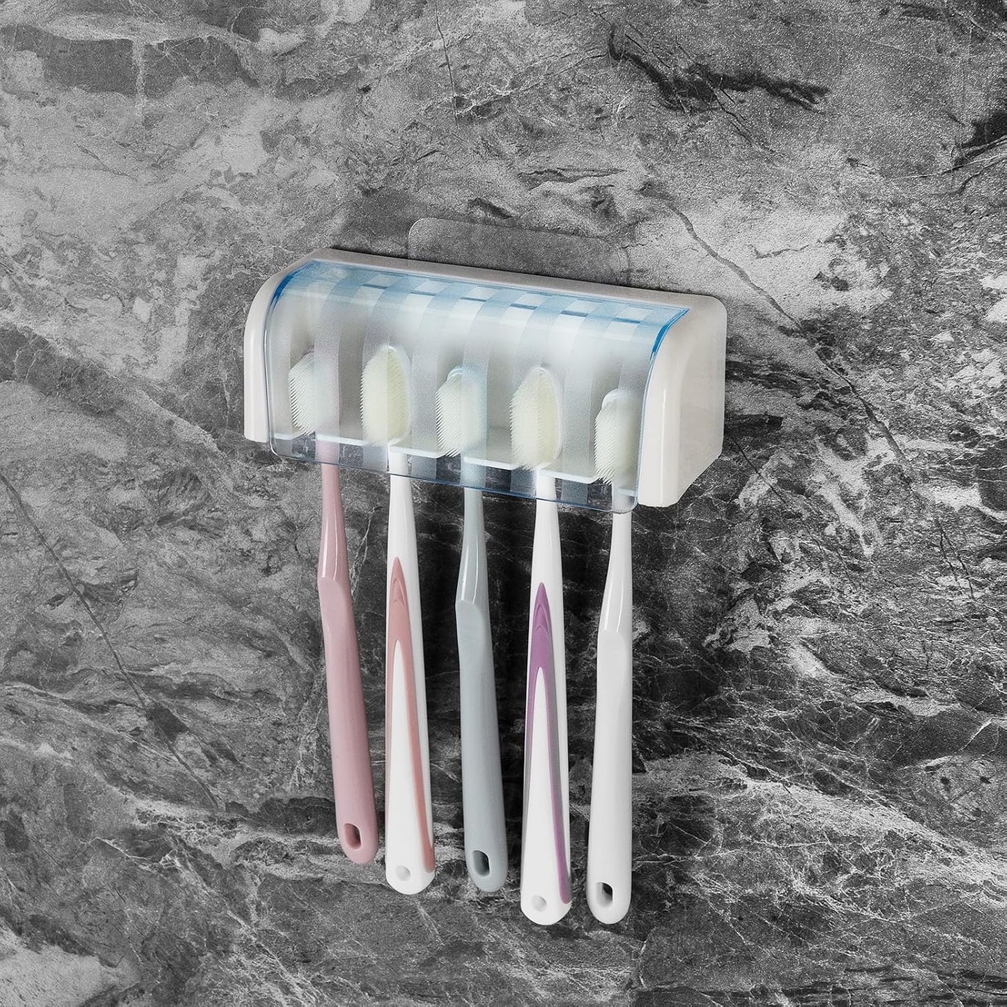 5 Slots Wall Mount Toothbrush Holder with Cover, Self Adhesive Toothbrush Storage Organizer for Shower, Toothbrush Hanger with Automatic Toothpaste Squeezer Dispenser