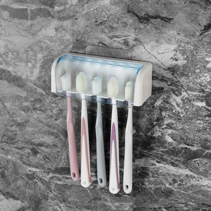 5 Slots Wall Mount Toothbrush Holder with Cover, Self Adhesive Toothbrush Storage Organizer for Shower, Toothbrush Hanger with Automatic Toothpaste Squeezer Dispenser