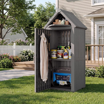 Bifanuo Deck Box Storage Shed Outdoor Storage Cabinet, Vertical Waterproof Resin Material Plastic Shed with Removable Shelves, 12 Hooks and Lock Ring for Garden, Pool and Patio (Classic Black)
