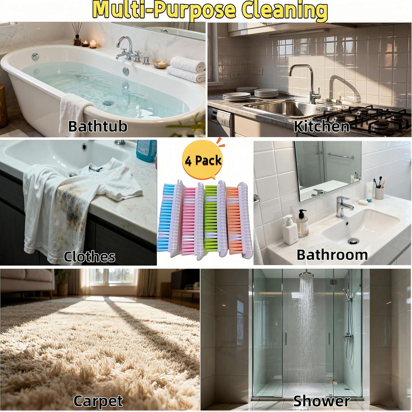 Outdoor Scrub Brush Heavy Duty Scrub Brushes Scrubbing Cleaning Brush Set | 4 Pack Scrub Brush for Cleaning with Stiff Bristle Deep Cleaning Brushes for Bathroom, Floor, Shower, Carpet, Bathtub