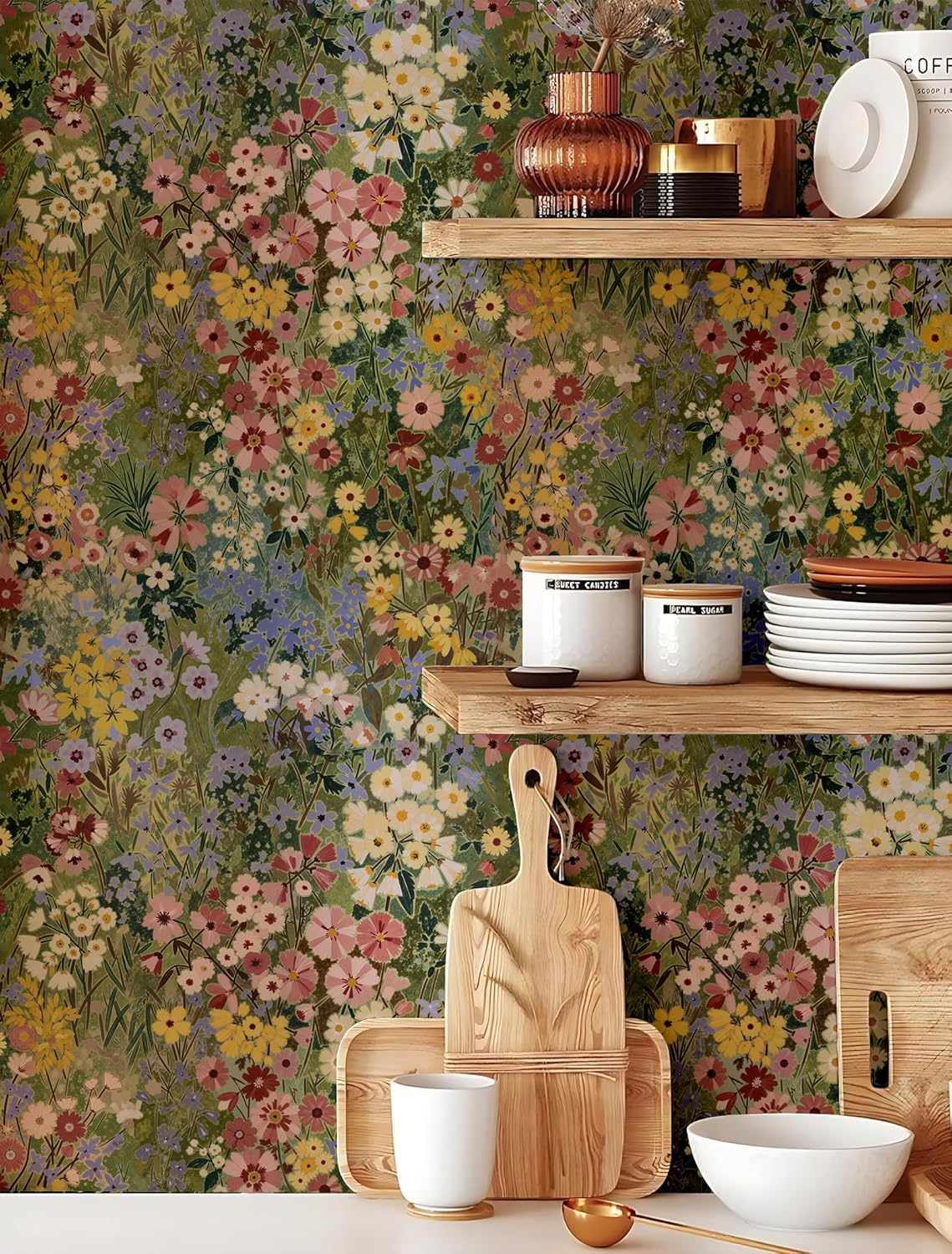 Floral Wallpaper Peel and Stick Boho Wall Paper Removable Waterproof Green Petal Pattern Contact Paper for Bedroom, Bathroom, Home Wall 17.3" x 118"