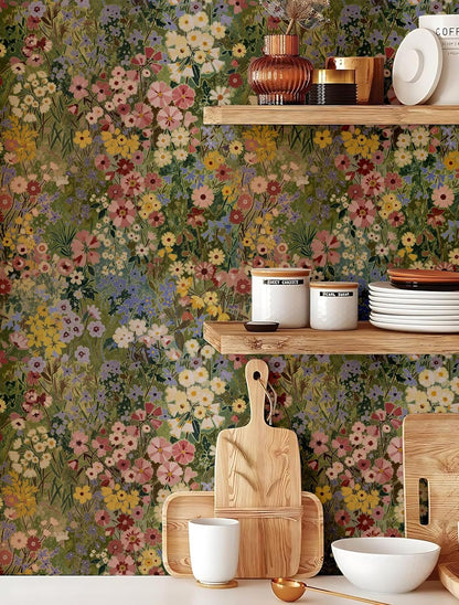 Floral Wallpaper Peel and Stick Boho Wall Paper Removable Waterproof Green Petal Pattern Contact Paper for Bedroom, Bathroom, Home Wall 17.3" x 118"