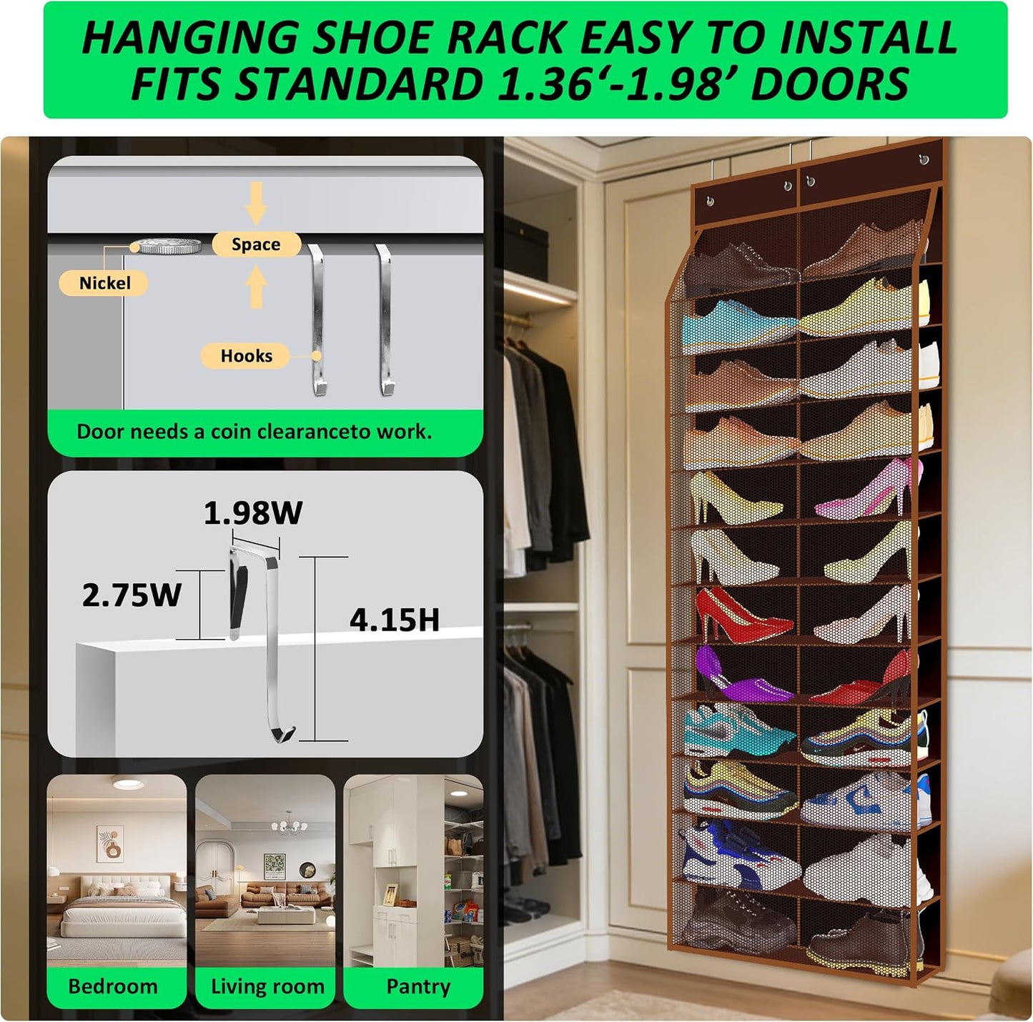 Kotkn 24-Pair Over Door Shoe Organizer for Family & Kids, Double Sided | Hanging Storage for Sneakers, Boots, Toys & Room Organization-Graphite Gray