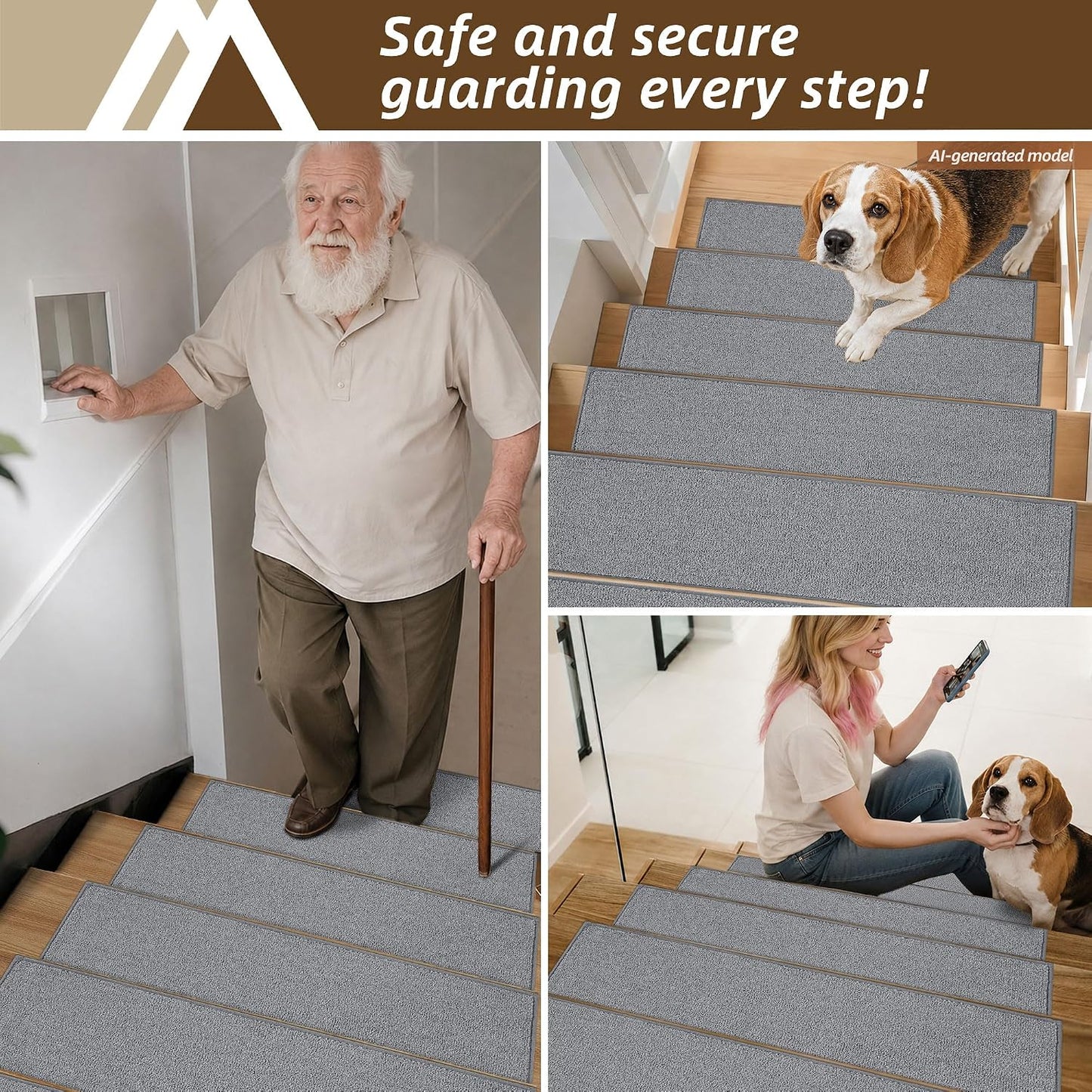 COSY HOMEER Stair Treads Non-Slip Carpet Stair Treads for Wooden Steps, Indoor Stair-Runner Rugs for Kids Elders & Pets 28"x9" (4Pc, Dark Gray)