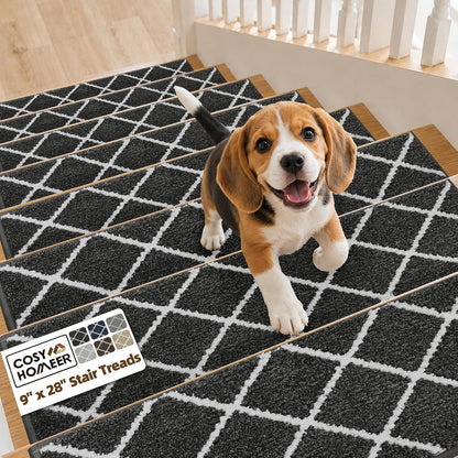 COSY HOMEER Carpet Stair Treads for Wooden Steps Non-Slip Indoor,4pcs, Navy | Peel and Stick,Reusable Adhesive,Residue Free,Washable,Pet Friendly,Soft Stair Runner for Kids,Elders,Multi-Surface Use
