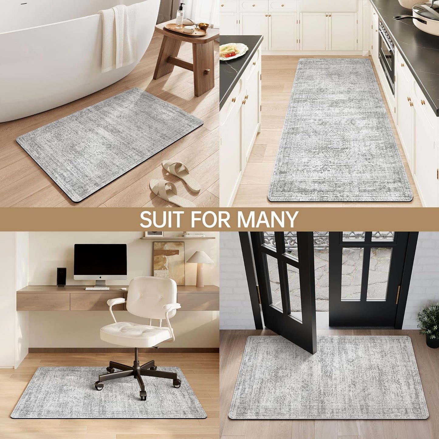 Mecko Bath Mat Rug, Rubber Non-Slip Quick Dry Absorbent Thin Bathroom Rugs Fit Under Door Bathroom Floor Mats-Shower Rug for in Front of Bathtub, Sink, Shower Room(Light Grey,16"x24")