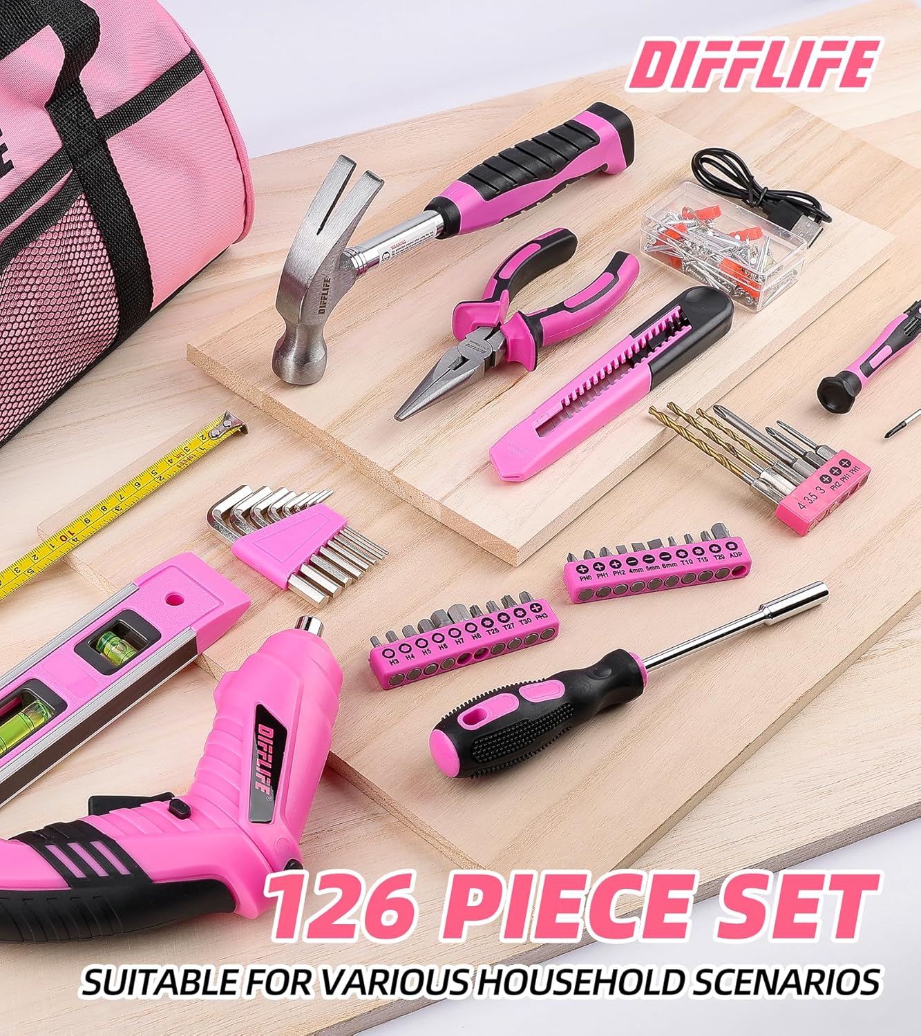 Pink Tool Set for Women, 126-Piece Lady's Power Screwdriver Cordless Rechargeable Set Home Repairing Tool Set with 13-Inch Wide Mouth Open Storage 126PCS 3.6V Electric Screwdriver Tool Bag