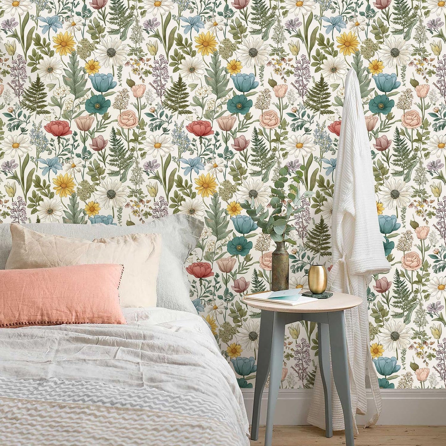 Orainege Pink Floral Peel and Stick Wallpaper Removable Self Adhesive Wallpaper 16.9inx118.1in Modern Wall Paper for Bedroom Bathroom Green Leaf Contact Paper for Cabinets