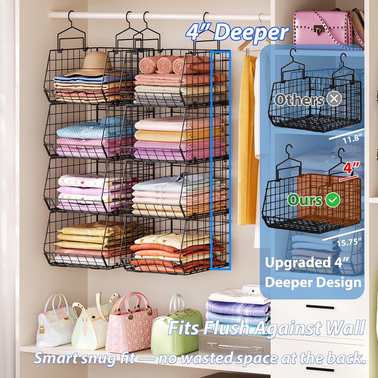 8-Tier Extended Depth Hanging Closet Organizers and Storage for Closet System, Stackable Closet Shelves with 4 Adjustable Dividers for Clothes Sweaters Purses, Wire Hanging Basket Fits Closet Laundry