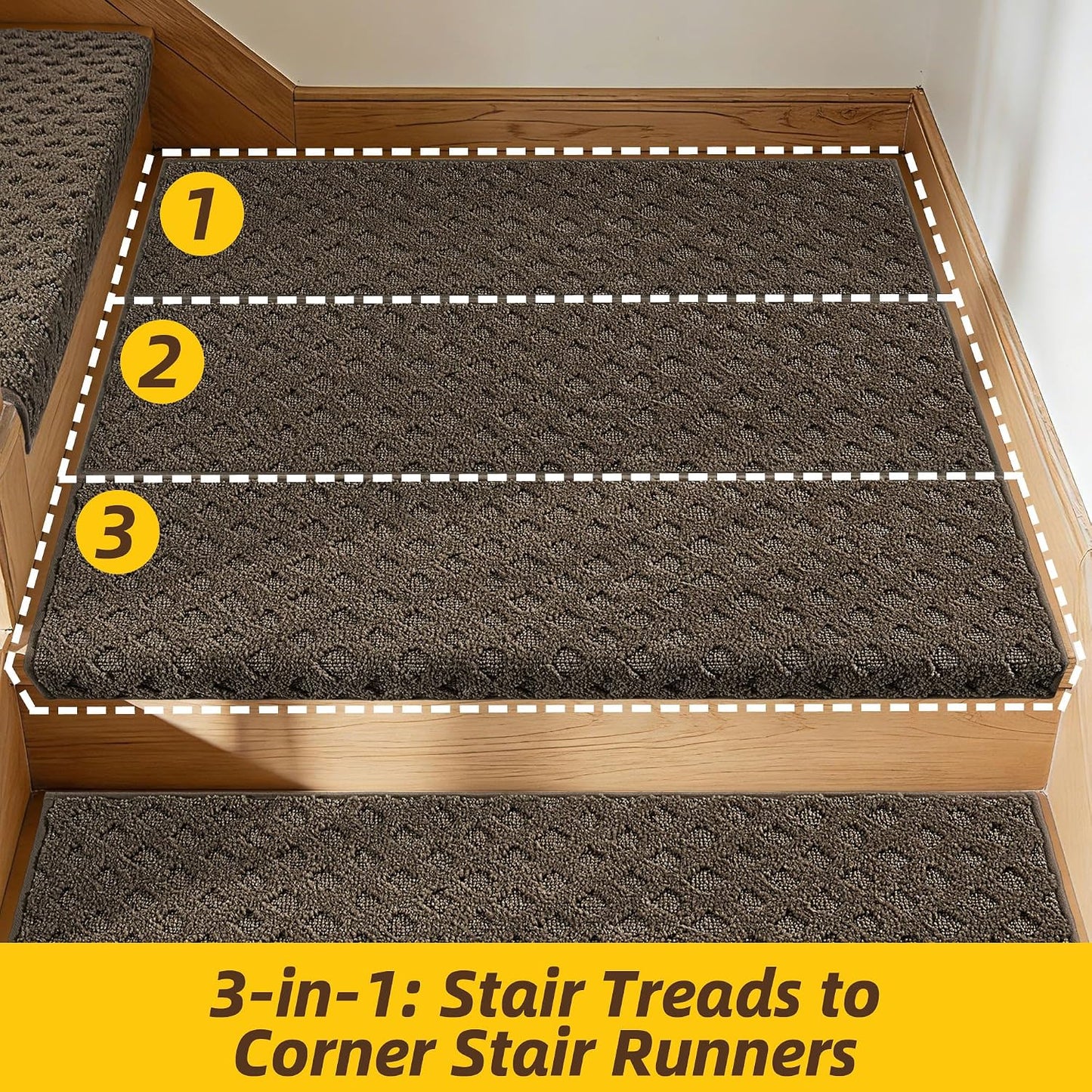 JSEI Bullnose Carpet Stair Treads, 14 Pcs Non Slip Stair Treads for Wooden Steps Indoor with TPE Backing, 11" x 30" Machine Washable Stair Runners with Edge Protection for Kids, Elders and Pets, Beige