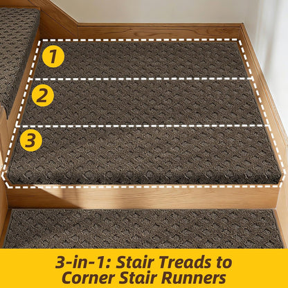 JSEI Bullnose Carpet Stair Treads, 14 Pcs Non Slip Stair Treads for Wooden Steps Indoor with TPE Backing, 11" x 30" Machine Washable Stair Runners with Edge Protection for Kids, Elders and Pets, Beige