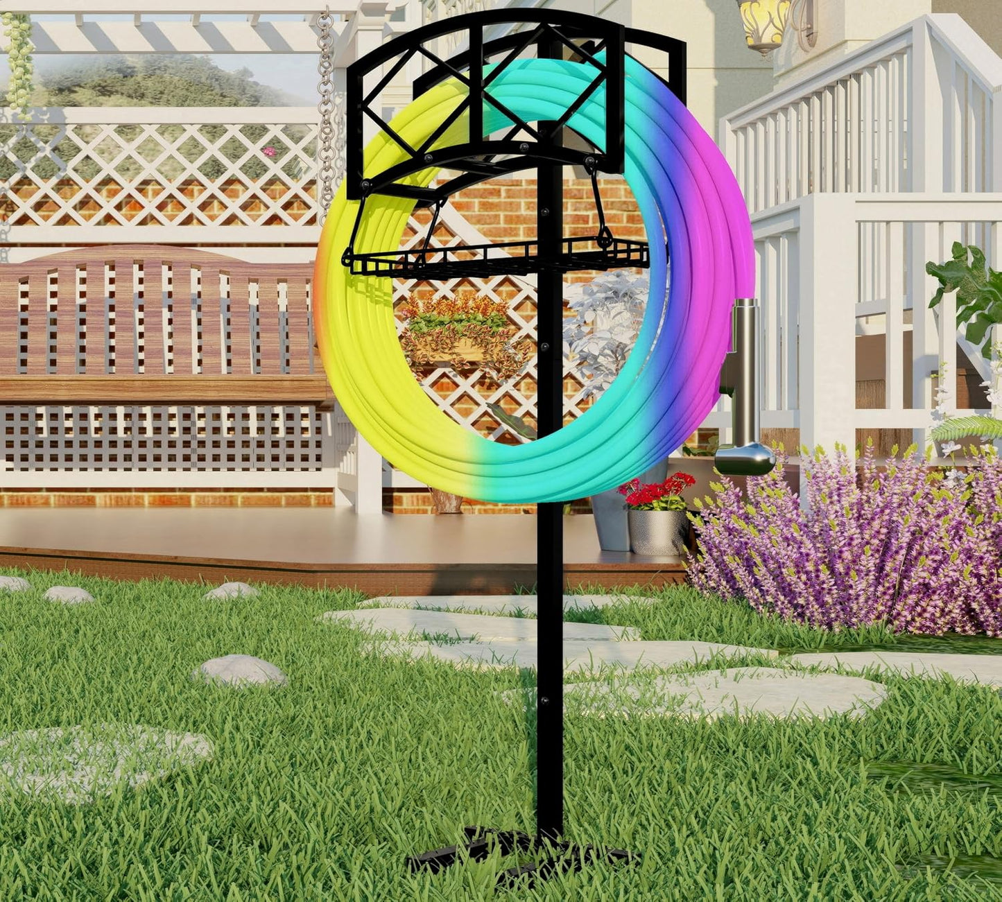 Fire Beauty Heavy-Duty Metal Hose Holder, Wall-Mounted Garden Hose Reel Organizer for Outdoor Yard, Solid Iron Decorative Hanger Storage