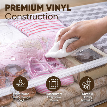 Masirs Clear Blanket Storage Bag (2-Pack) - Vinyl Clothing Organizers with Zipper & Label Pocket - Protects from Dust, Moisture & Dirt - Ideal for Underbed Storage Sheets, Comforters & Bedding