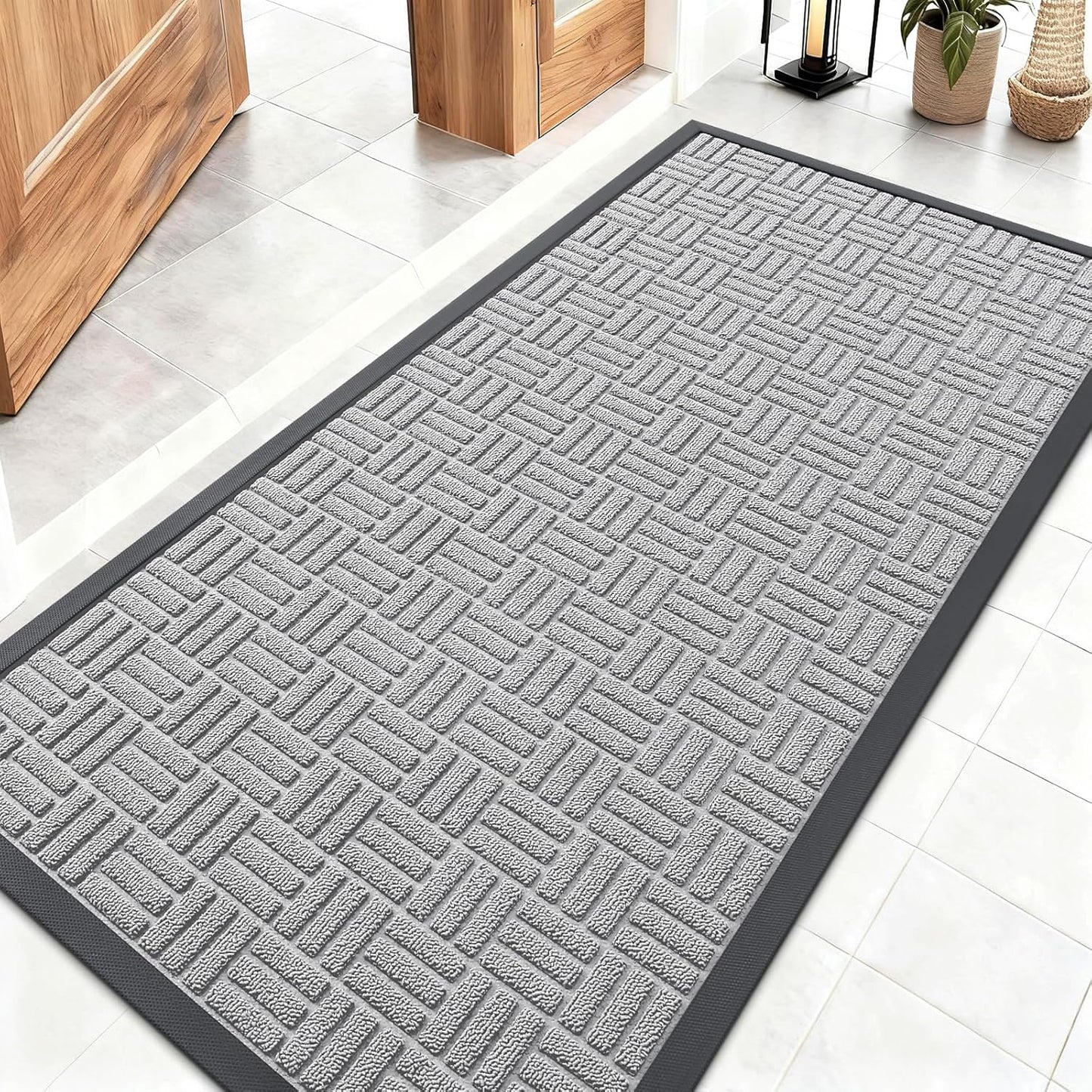 OLANLY Front Door Mat Outside Entrance 29.5x17, Absorbent, Heavy Duty Sturdy Natural Rubber Doormat Indoor Outdoor, Stain and Fade Resistant, Non-Slip Backing Low Profile Floor Mat for Entryway, Grey