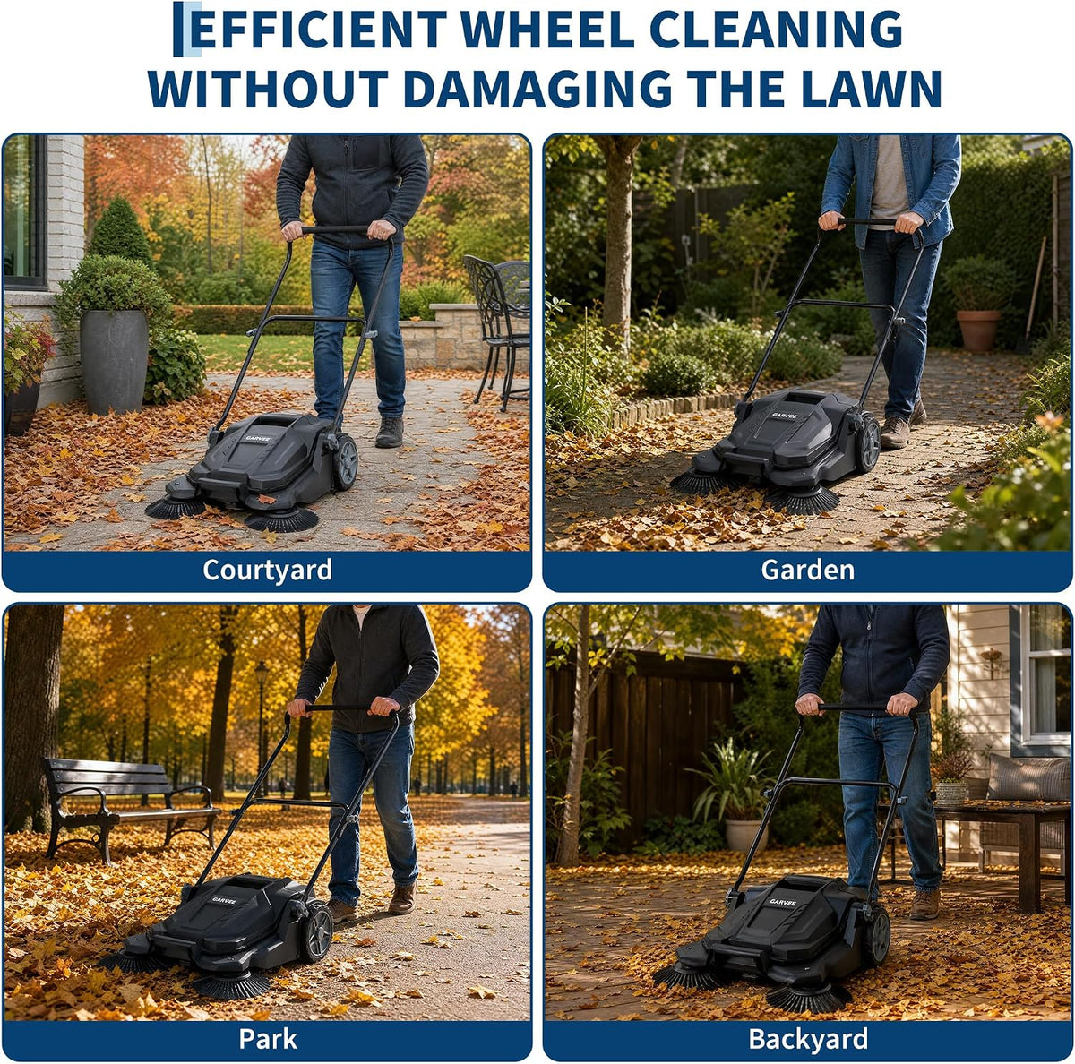 Walk-Behind Outdoor Hand Push Floor Sweeper, 25.6 Inch Wide Manual Non-Electric Sweeper with 5.25 Gallon Waste Bin, Adjustable Folding Handle Heavy Duty Yard Sweeper for Garage Patio Walkway Driveway