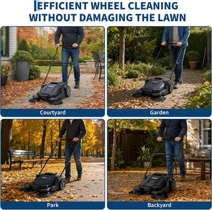 Walk-Behind Outdoor Hand Push Floor Sweeper, 25.6 Inch Wide Manual Non-Electric Sweeper with 5.25 Gallon Waste Bin, Adjustable Folding Handle Heavy Duty Yard Sweeper for Garage Patio Walkway Driveway