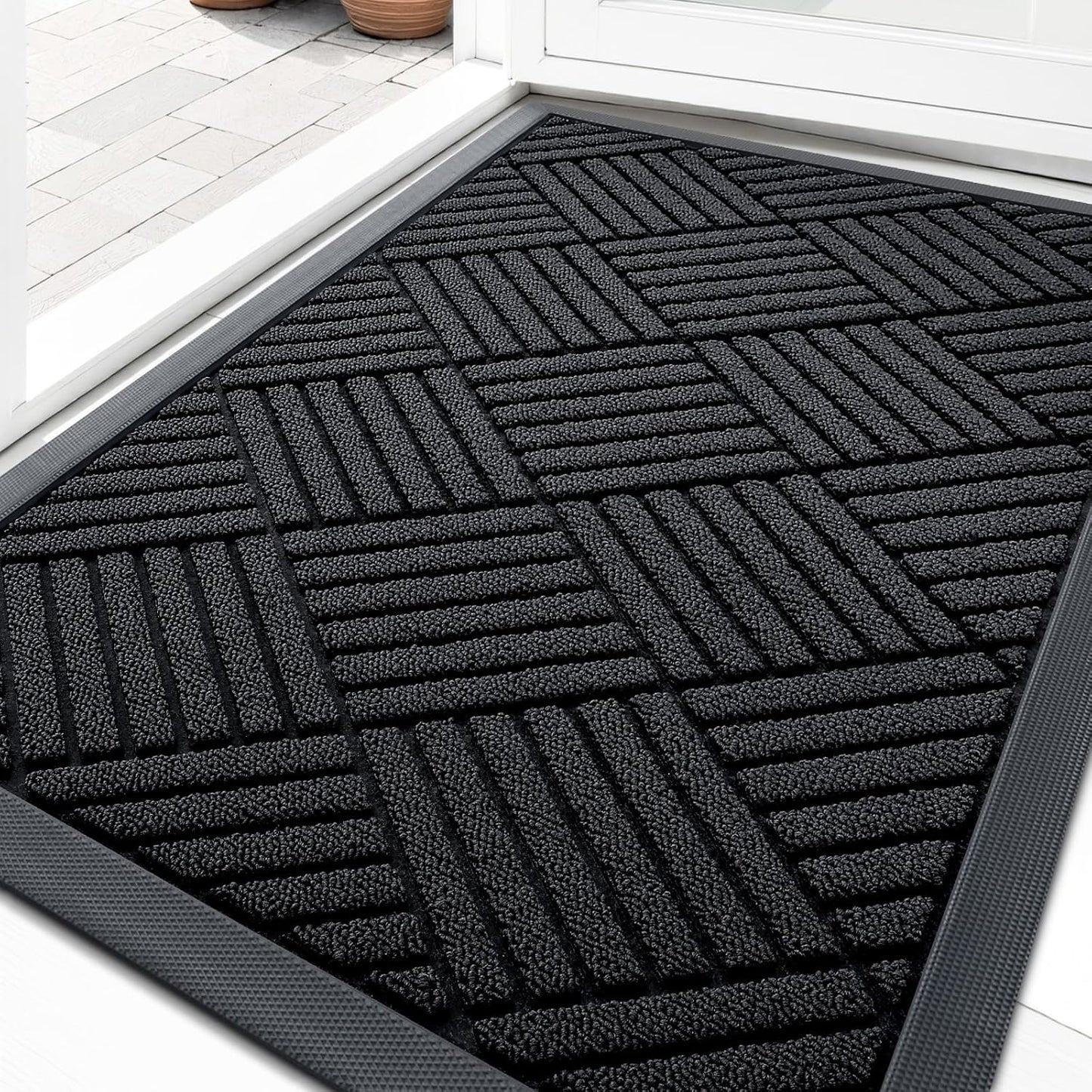 OLANLY Front Door Mat Outside Entrance 29.5x17, Absorbent, Heavy Duty Sturdy Natural Rubber Doormat Indoor Outdoor, Stain and Fade Resistant, Non-Slip Low Profile Floor Mat for Entryway, Grey Diamond