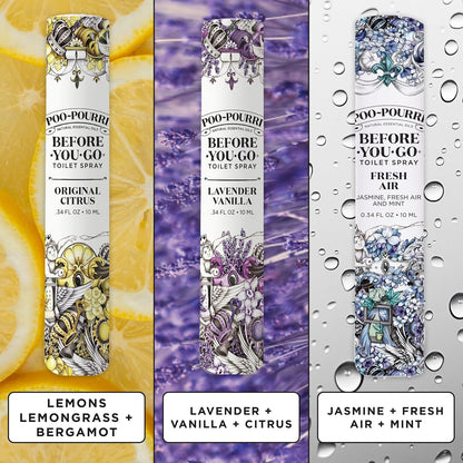 Poo-Pourri Before-You-Go Toilet Spray, Travel Essentials, .34 Fl Oz, In A Pinch Variety 3 Pack, Each Up to 20 Uses, On-The-Go Bathroom Odor Deodorizer with Essential Oils, TSA Approved Size, 3 Scents