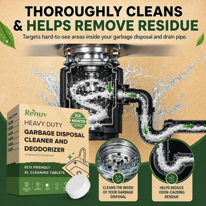 Renuv® Garbage Disposal Cleaner & Deodorizer Tablets, 12 XL Tablets | Foaming Citrus Scent, Drain Freshener, Kitchen Sink Odor Refresher For Garbage Disposer Cleaning