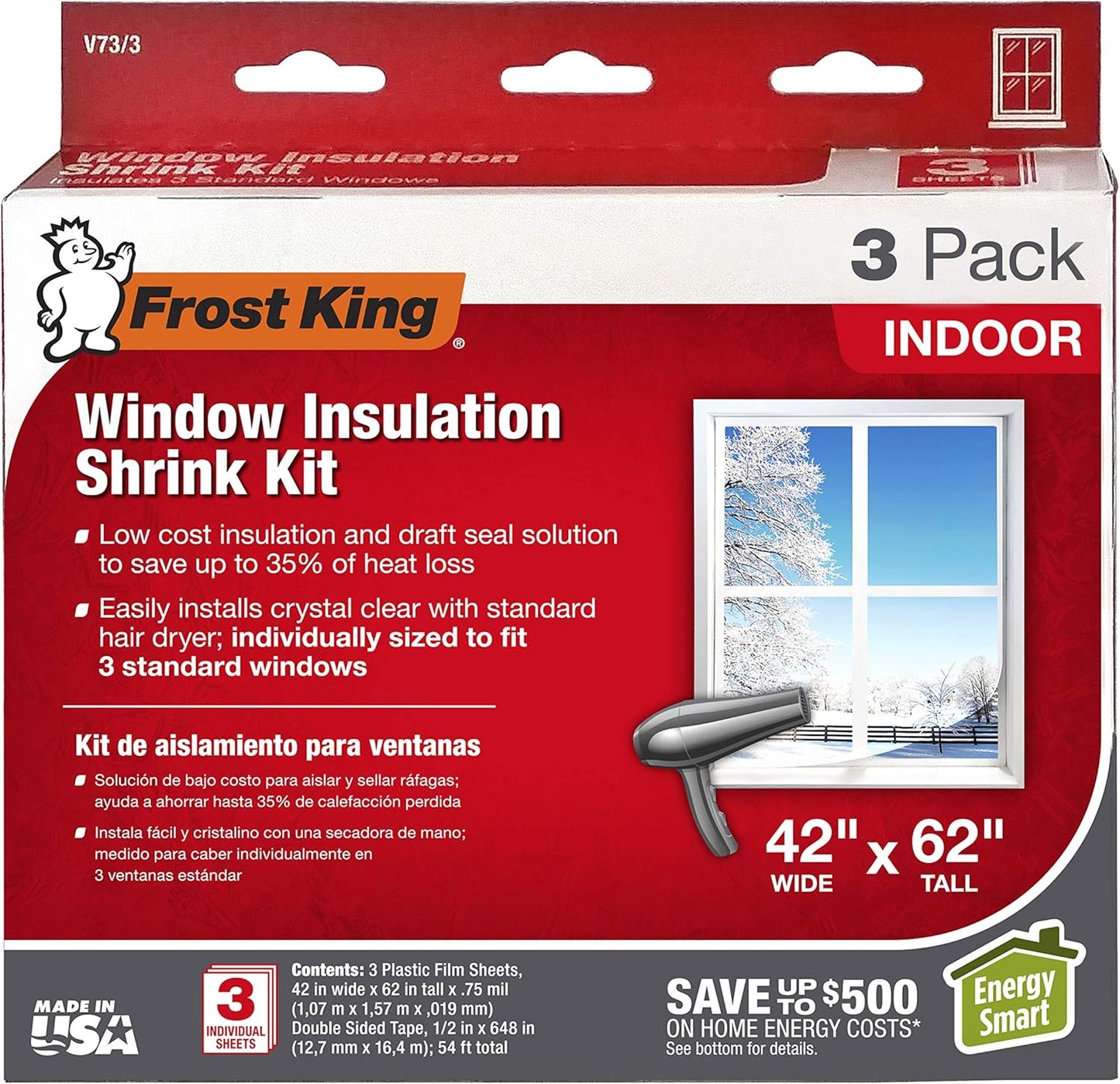 Frost King V83M Heavy Duty Indoor Shrink Window Kits, 42" X 62" X 1.5 MIL, 1-Pack