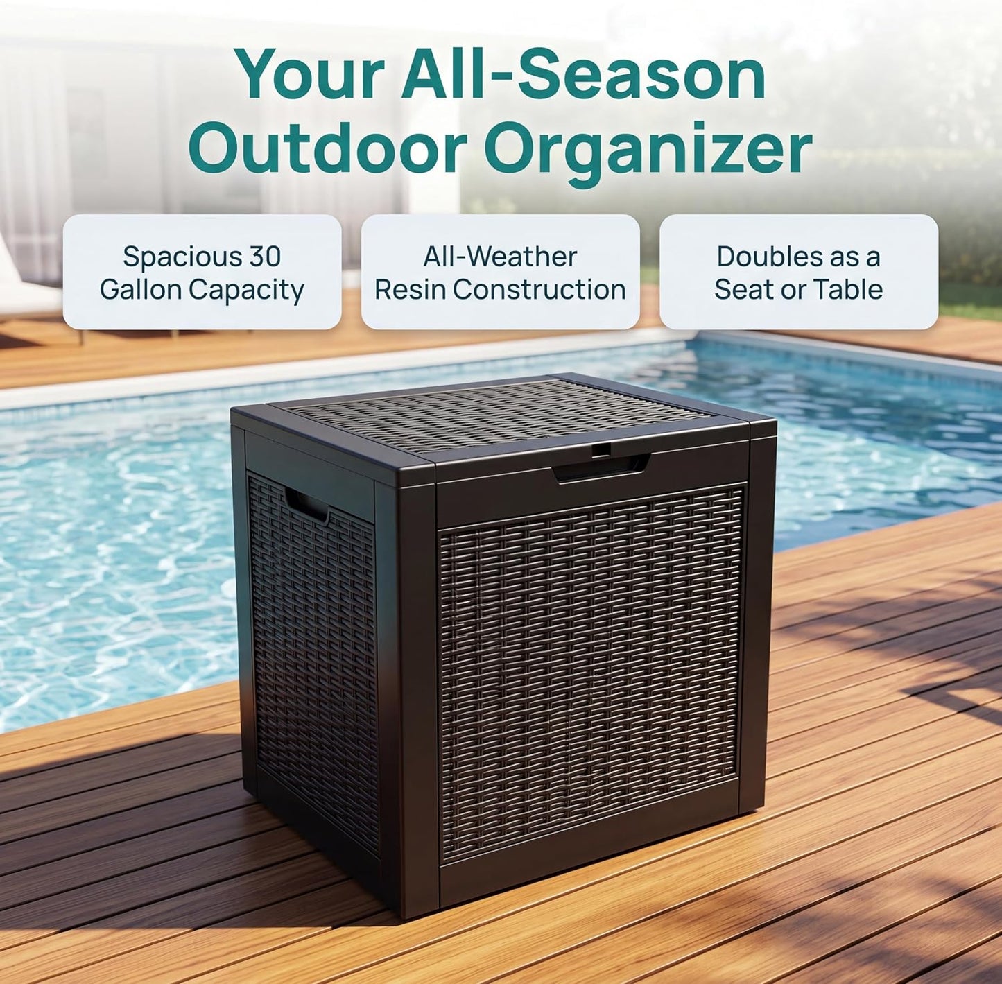 NicBex 30 Gallon Deck Box, Waterproof Resin Outdoor Storage Box Lockable for Patio Furniture, Fade Resistant Patio Side Table & Organizer for Garden Tools, Pool Floats, Outdoor Cushions, Black