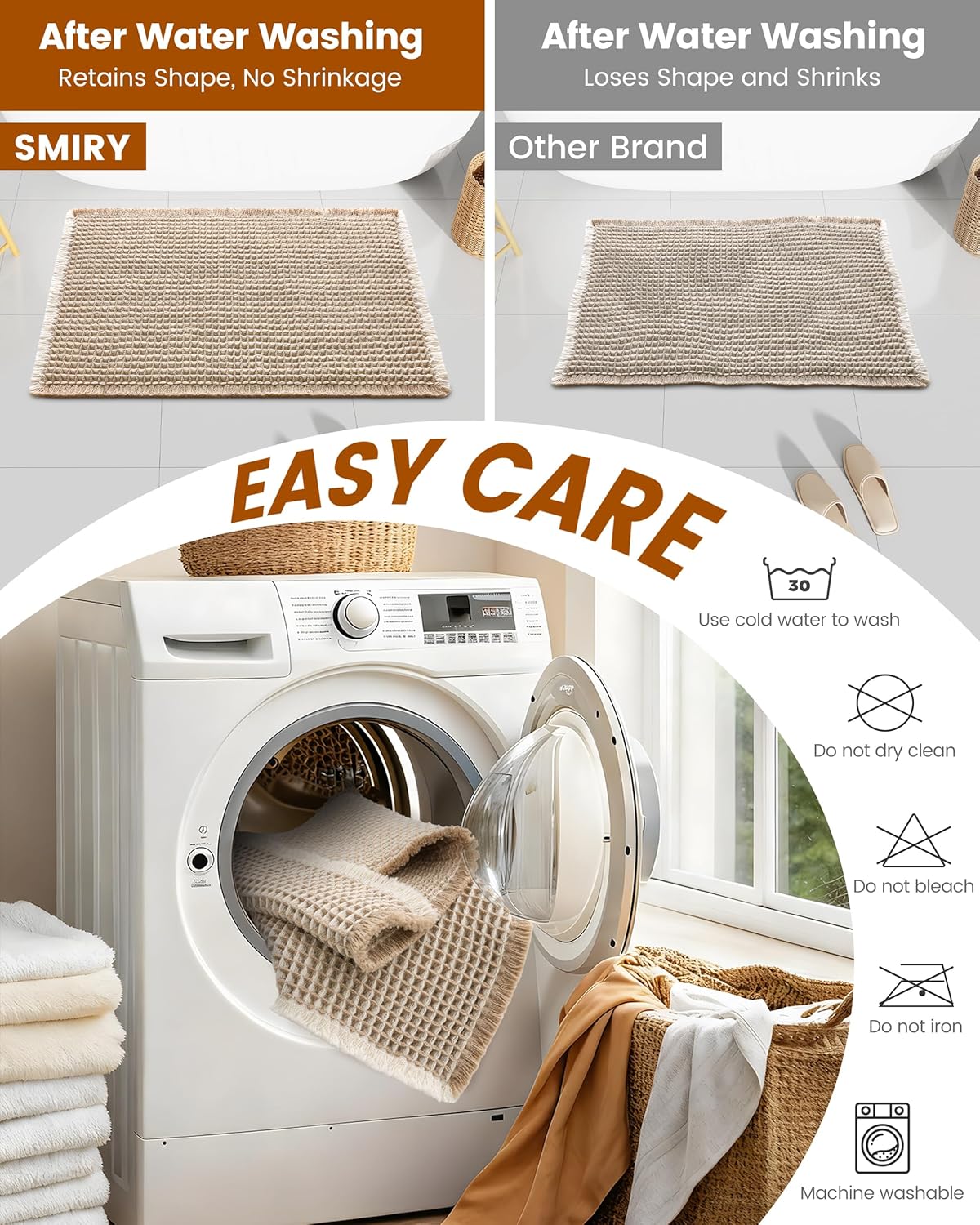 Smiry Waffle Bath Mat 30x20, Extra Soft Absorbent Bathroom Rugs, Non Slip Machine Washable Quick Dry Bath Rugs for Bathroom Floor, Tub, Shower, Home Decor Accessories, Brown