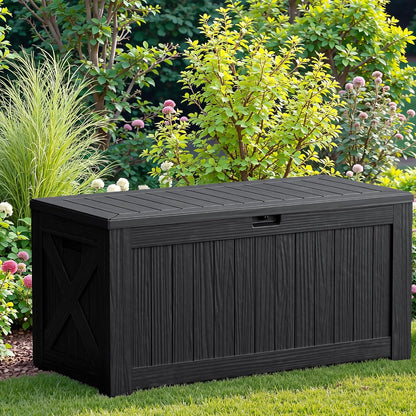 JUMMICO 31 Gallon Resin Deck Box Waterproof Indoor Outdoor Storage Boxes for Patio Furniture Cushions and Garden Tools (Brown)